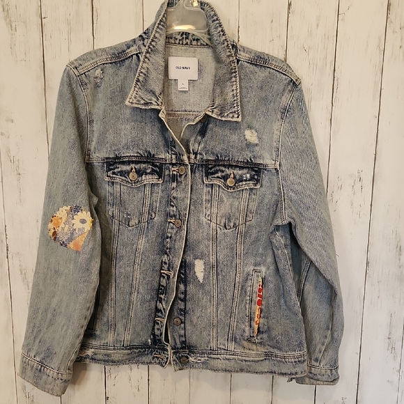Old Navy Jackets & Blazers - Upcycled Old Navy Light Wash Distressed Denim Jacket with Patch Detail XL